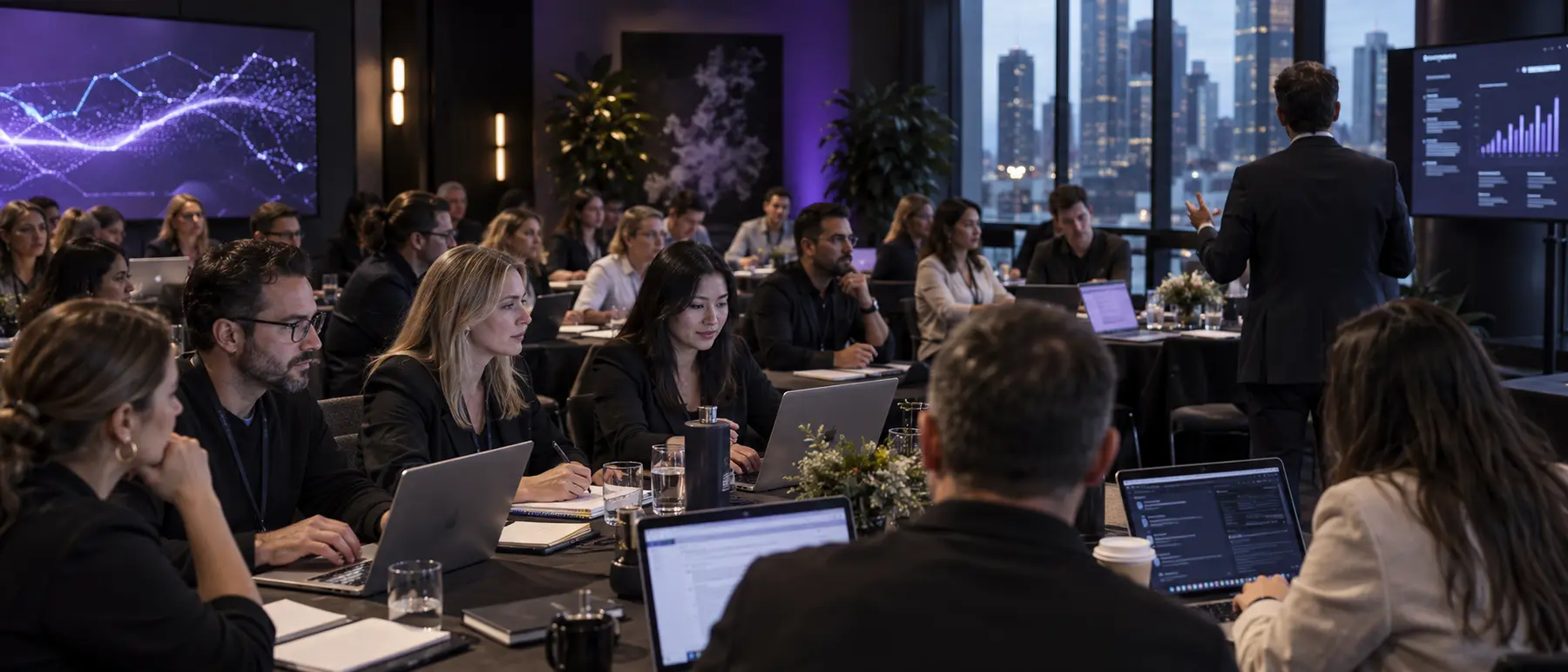 Business owners learning and building with laptops in a dark technology-themed workshop room